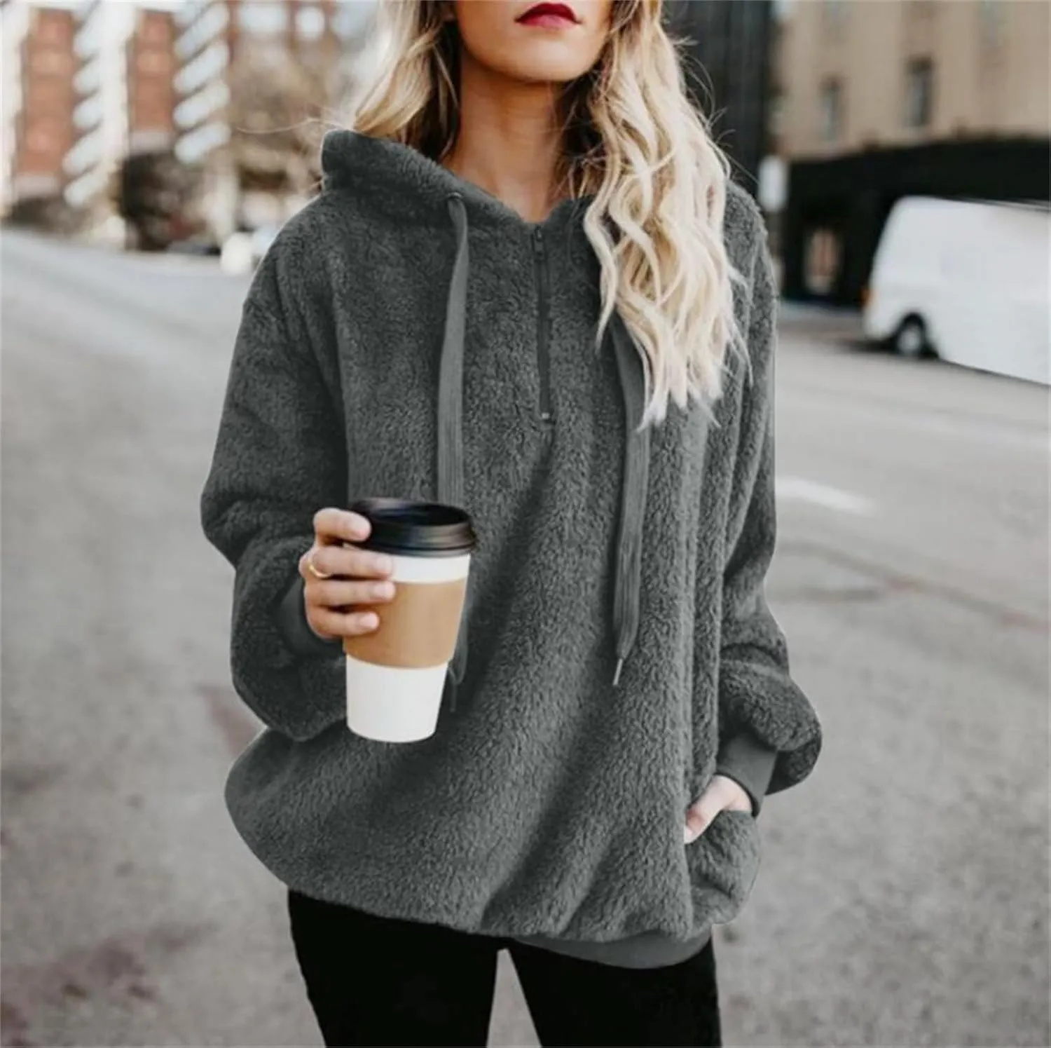 1/4 Zip Up Hoodie Women Fleece Sweatshirts Soft Fuzzy Jackets Sherpa Pullover Oversized Plain