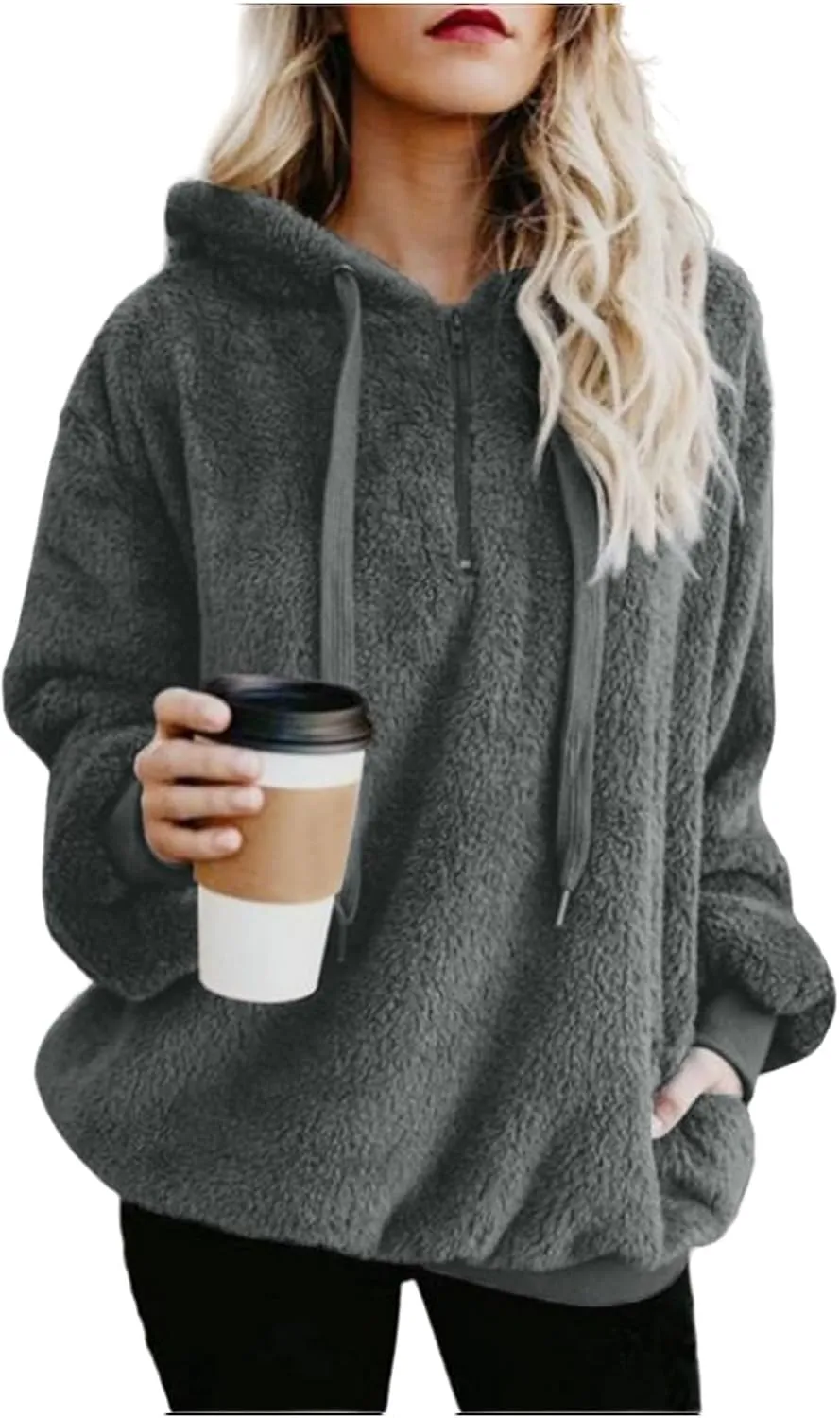 1/4 Zip Up Hoodie Women Fleece Sweatshirts Soft Fuzzy Jackets Sherpa Pullover Oversized Plain