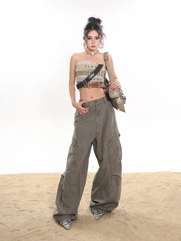 【24s January.】Distressed Buttoned Cargo Jeans with Large Pockets