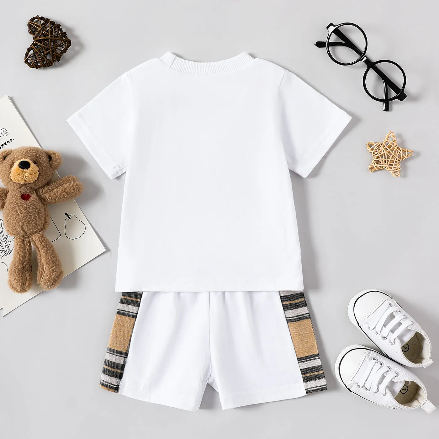 2pcs Baby Boy Plaid Bear Graphic Short-sleeve Tee & Shorts Set