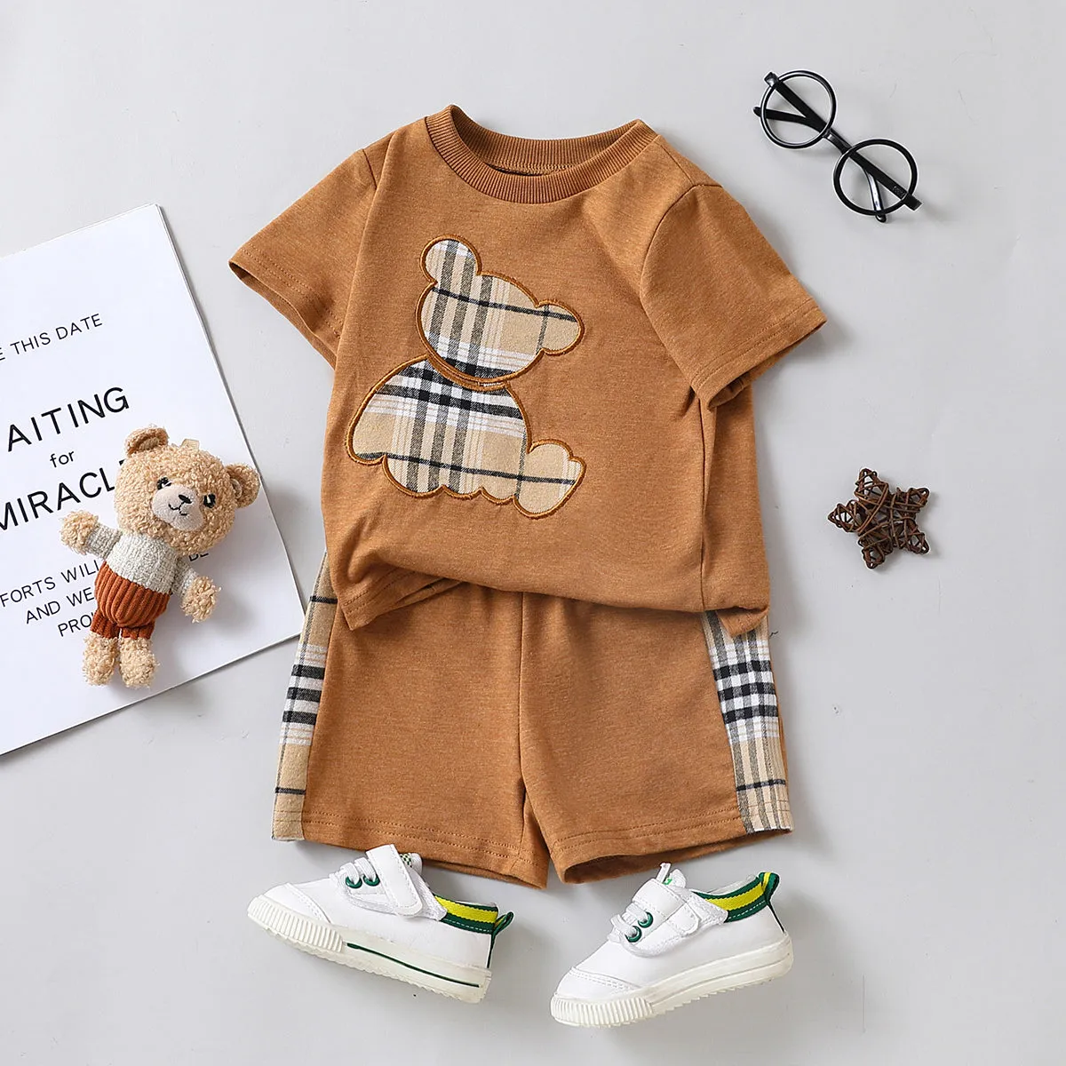 2pcs Baby Boy Plaid Bear Graphic Short-sleeve Tee & Shorts Set