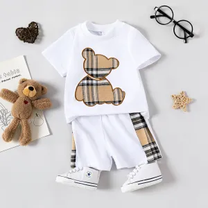 2pcs Baby Boy Plaid Bear Graphic Short-sleeve Tee & Shorts Set