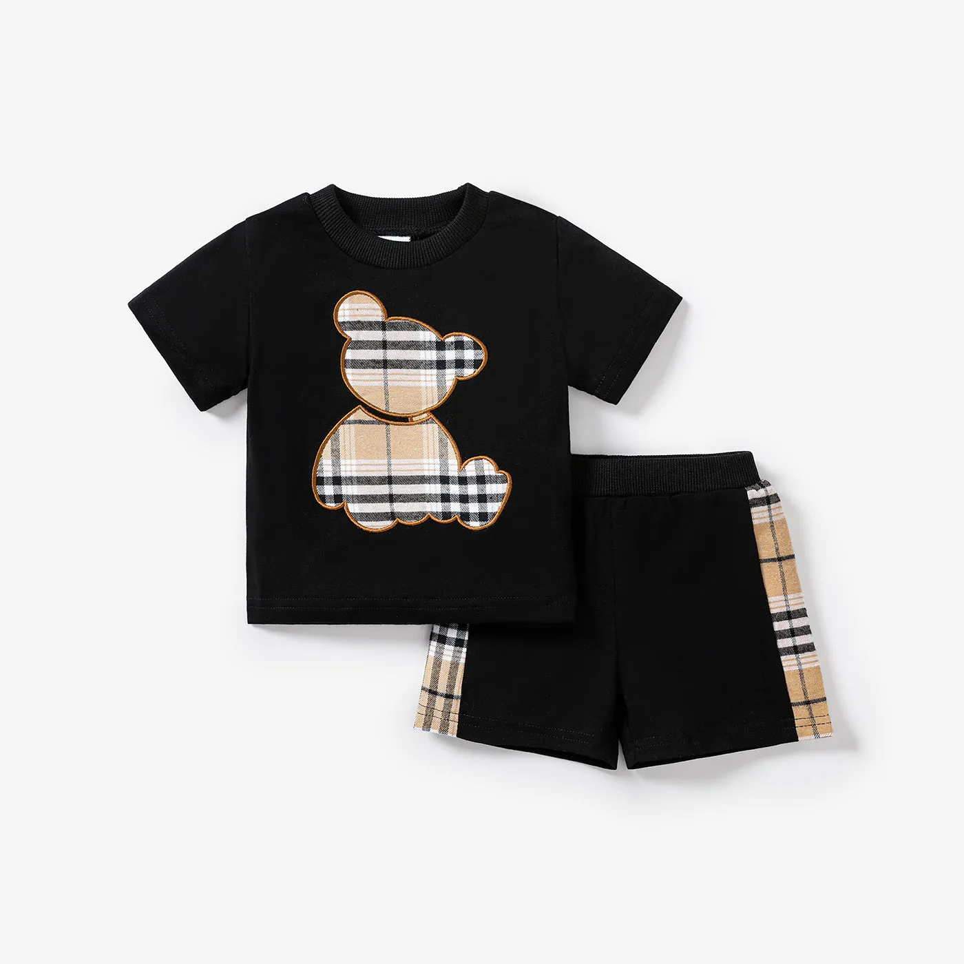 2pcs Baby Boy Plaid Bear Graphic Short-sleeve Tee & Shorts Set