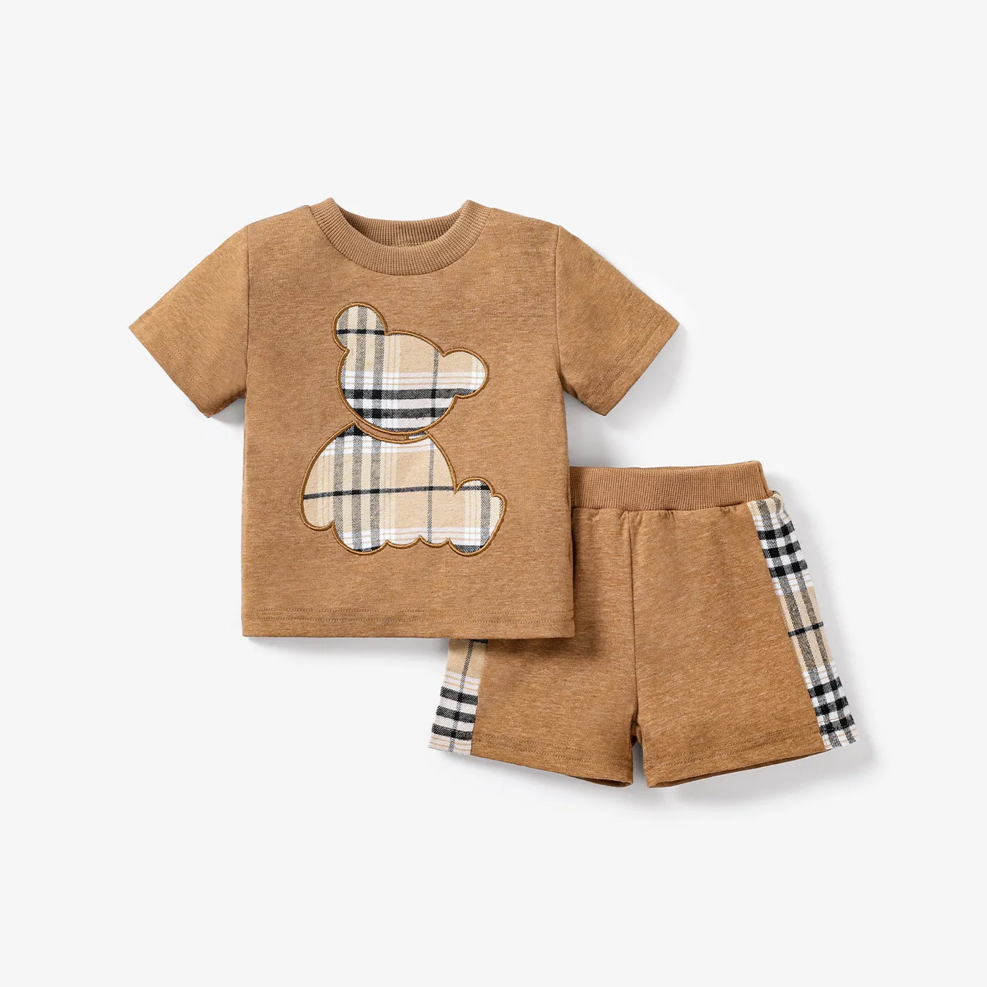 2pcs Baby Boy Plaid Bear Graphic Short-sleeve Tee & Shorts Set