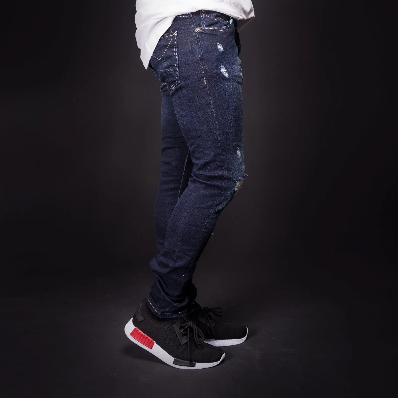 2Y Men Slim Fit "Here And There" Ripped Destroyed Jeans - Dark Blue