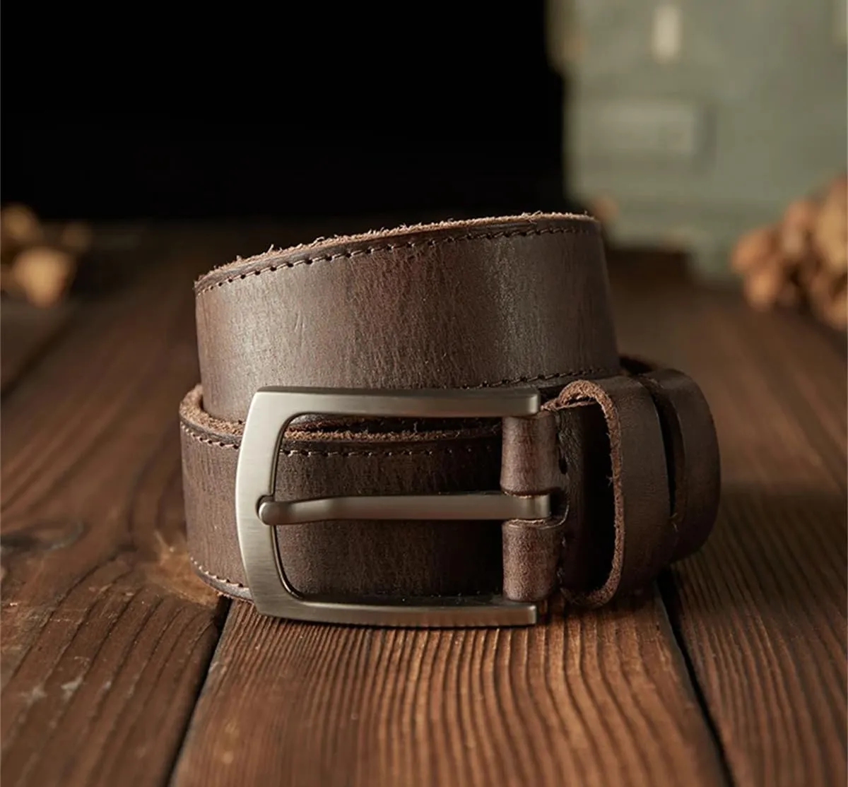 3.4Cm Width Vintage Genuine Leather Belt Men Stainless Alloy Pin Buckle Waist Strap Cowhide Leather Pants Belt