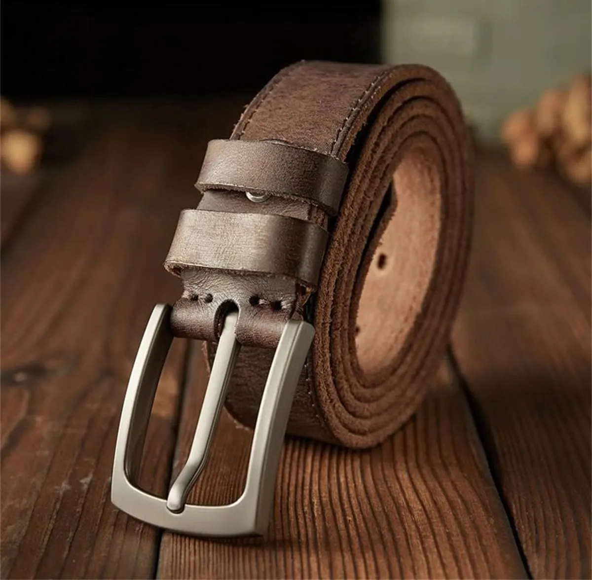 3.4Cm Width Vintage Genuine Leather Belt Men Stainless Alloy Pin Buckle Waist Strap Cowhide Leather Pants Belt