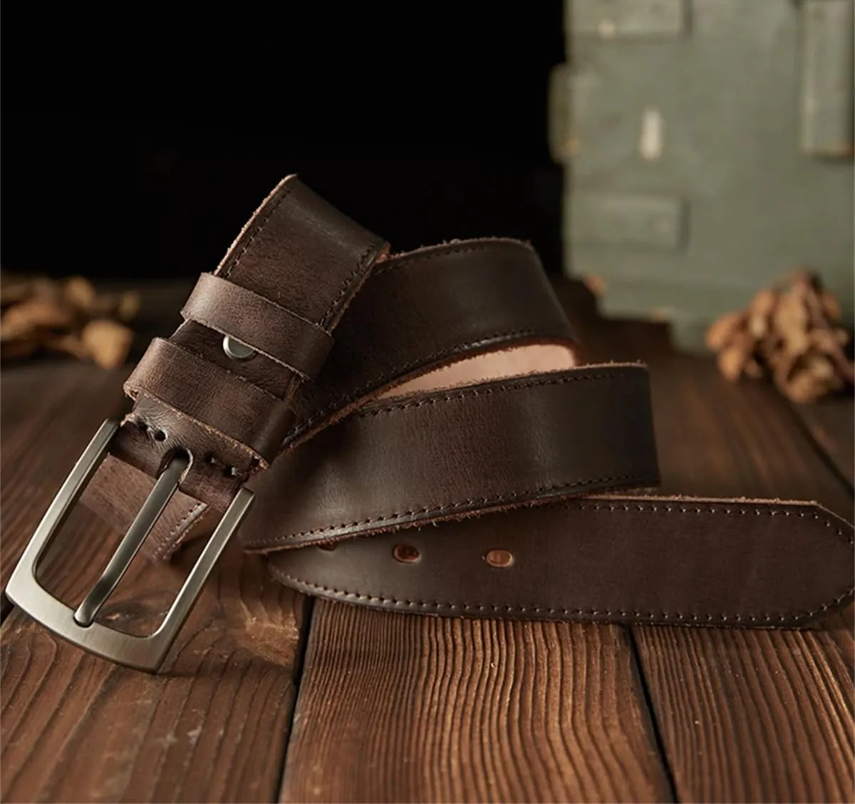 3.4Cm Width Vintage Genuine Leather Belt Men Stainless Alloy Pin Buckle Waist Strap Cowhide Leather Pants Belt