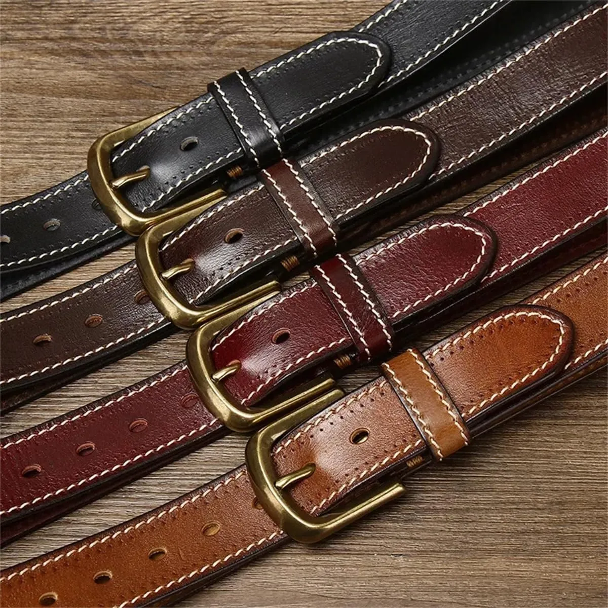 3.8CM Cowhide Genuine Leather Belts For Men Korean Strap Brass Buckle Fancy Vintage Jeans Cowboy Belts