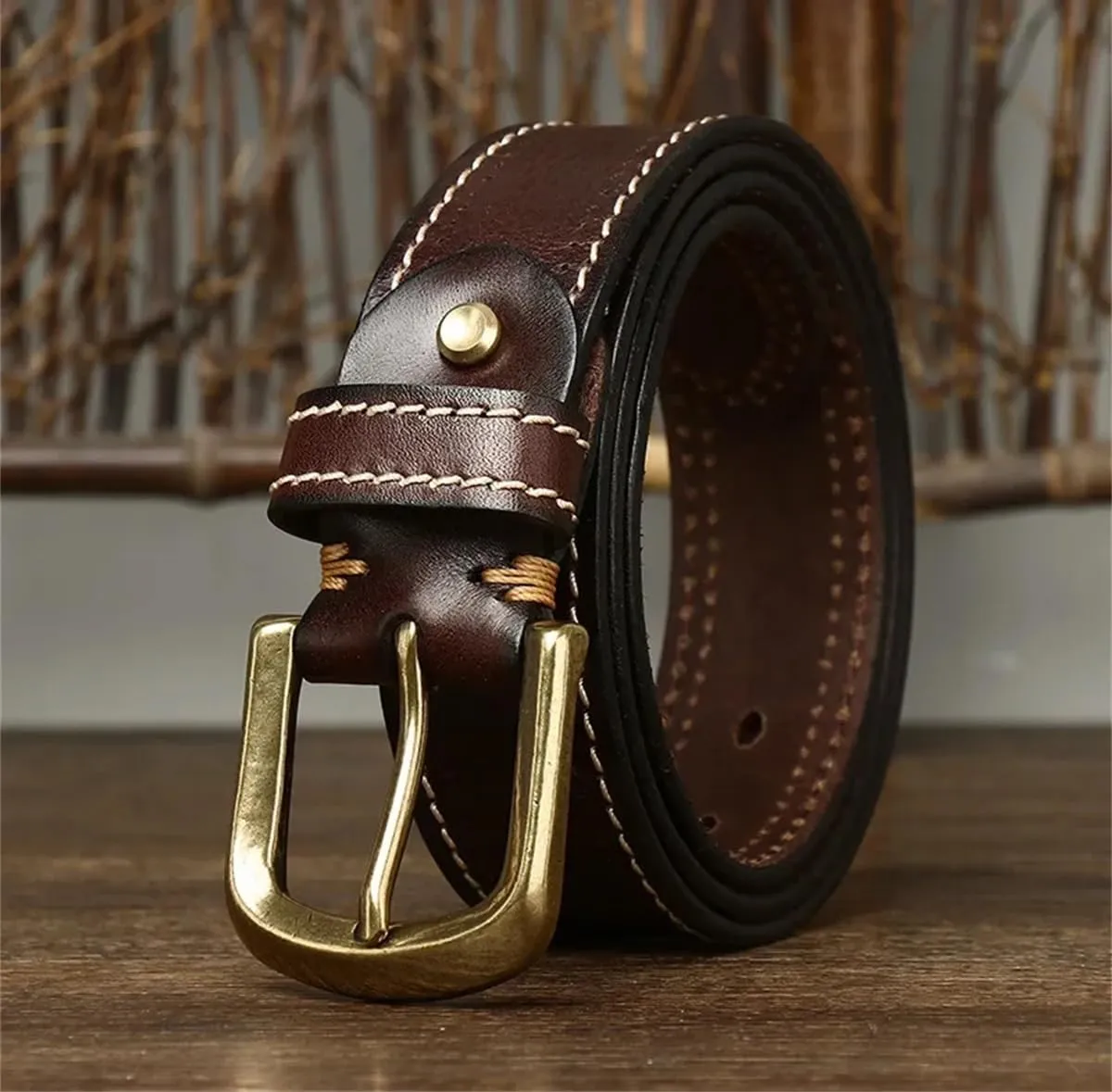3.8CM Cowhide Genuine Leather Belts For Men Korean Strap Brass Buckle Fancy Vintage Jeans Cowboy Belts