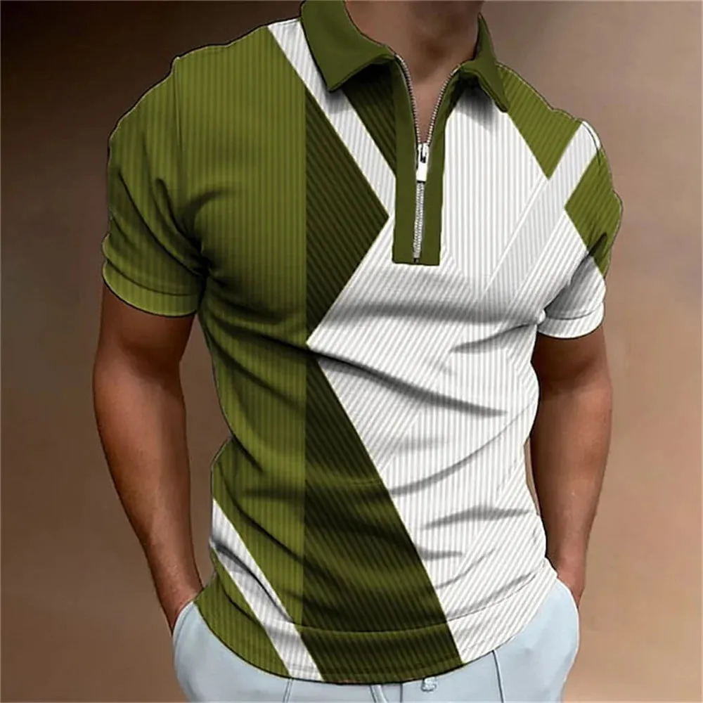 Adam - Men's Summer Striped Polo Shirt with Zipper Collar