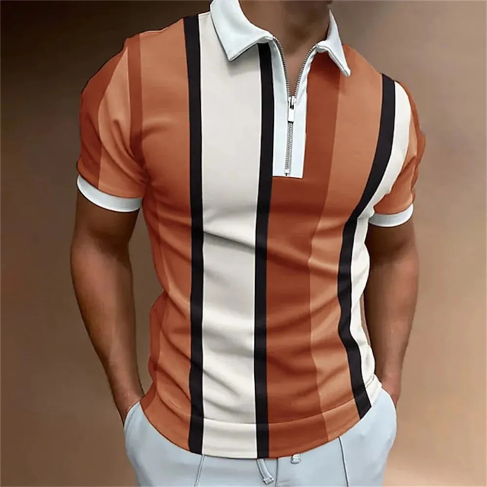 Adam - Men's Summer Striped Polo Shirt with Zipper Collar