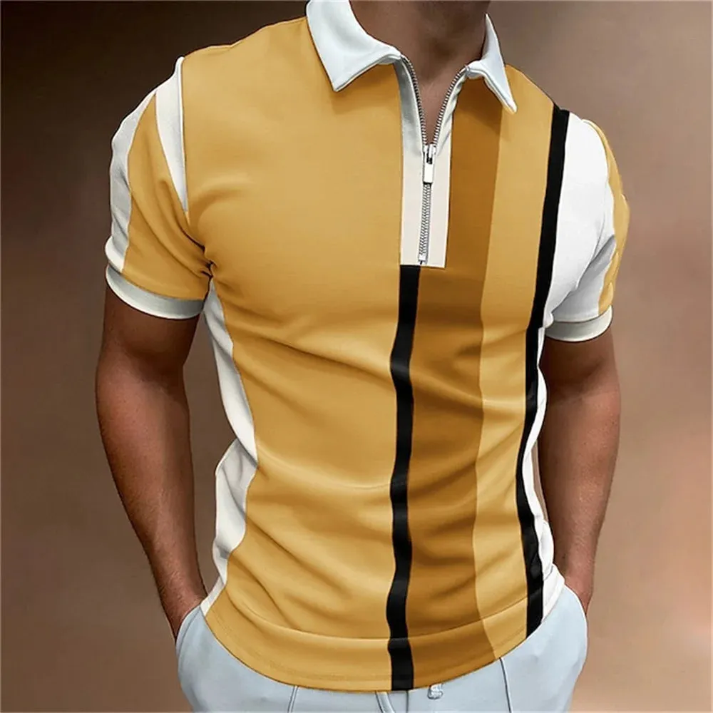 Adam - Men's Summer Striped Polo Shirt with Zipper Collar