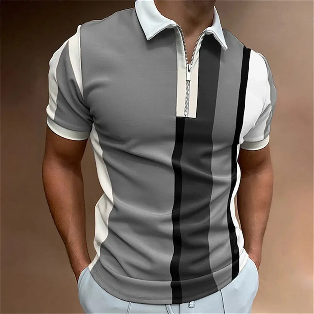 Adam - Men's Summer Striped Polo Shirt with Zipper Collar