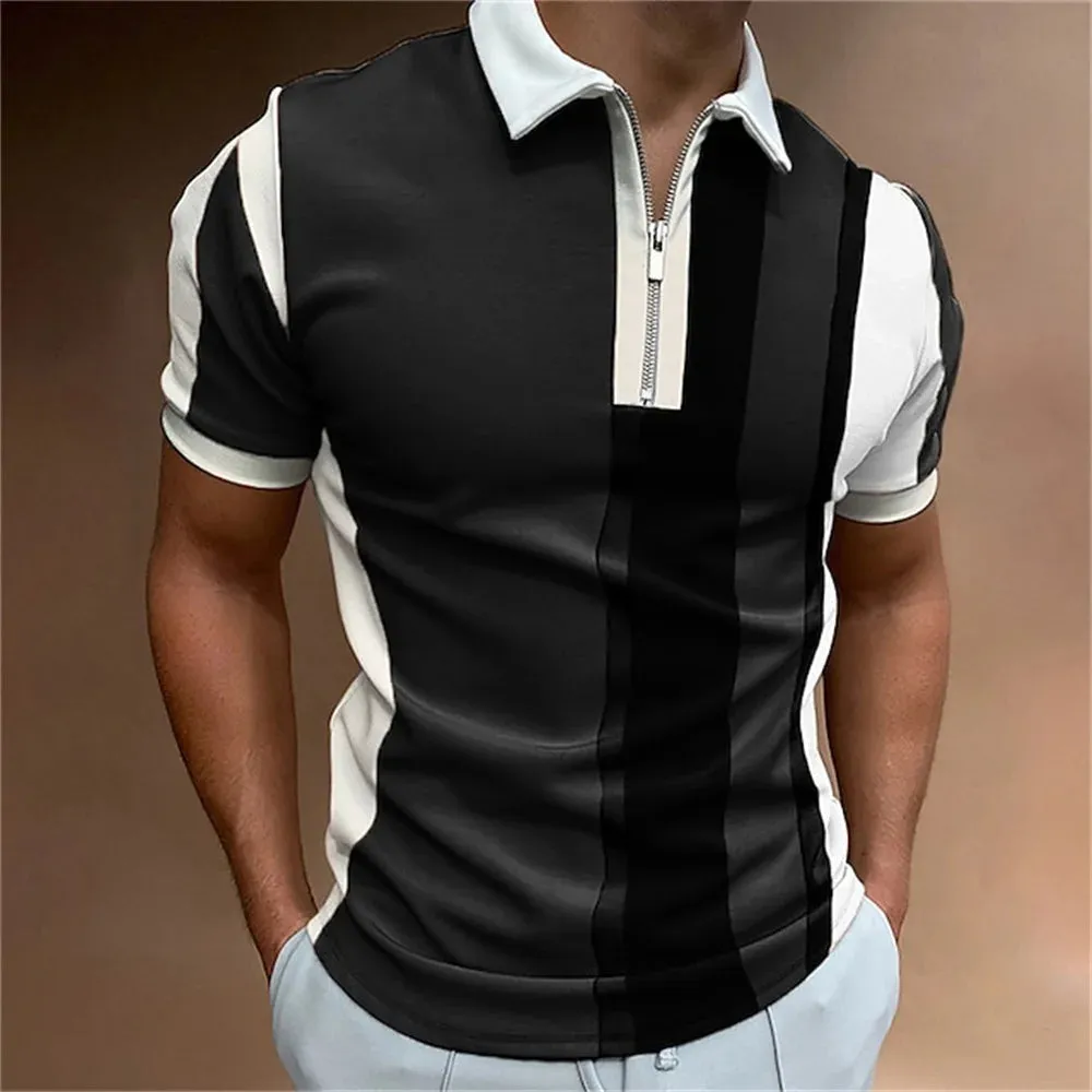 Adam - Men's Summer Striped Polo Shirt with Zipper Collar