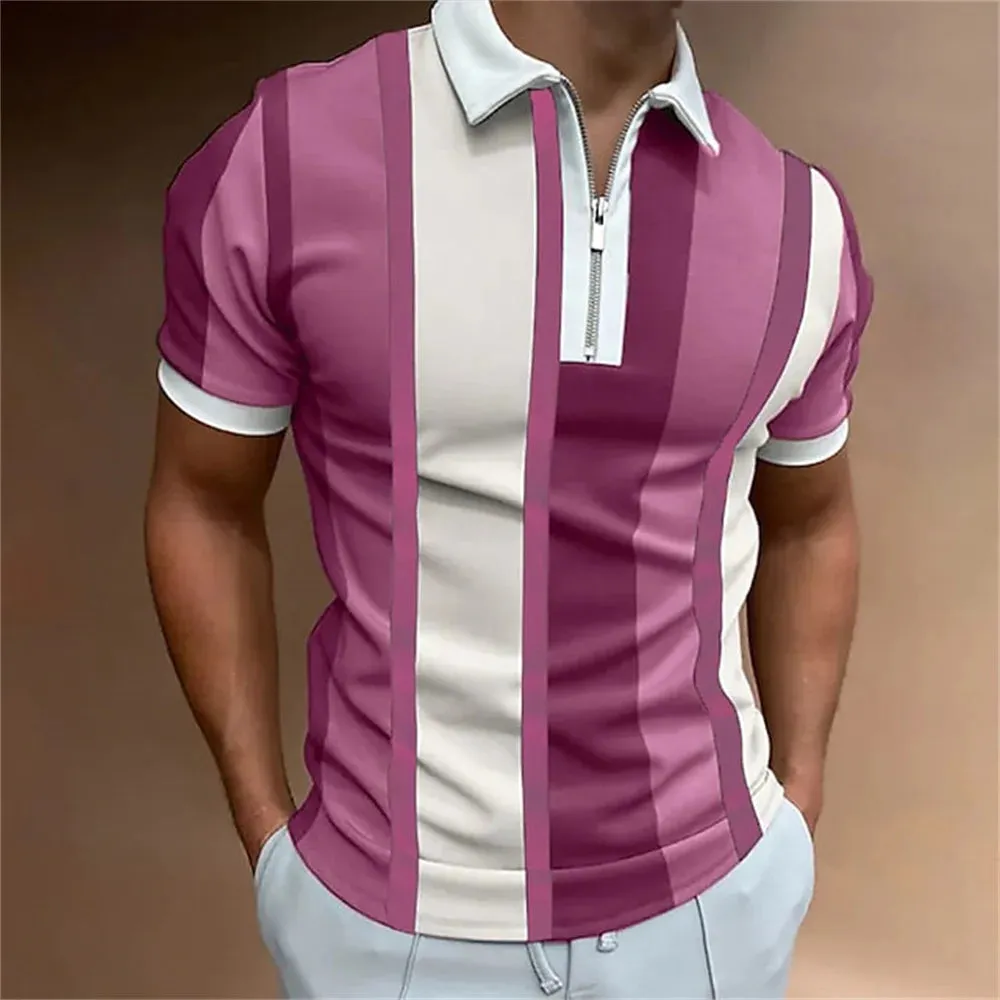 Adam - Men's Summer Striped Polo Shirt with Zipper Collar