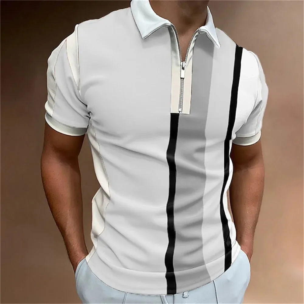Adam - Men's Summer Striped Polo Shirt with Zipper Collar