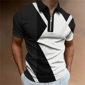 Adam - Men's Summer Striped Polo Shirt with Zipper Collar