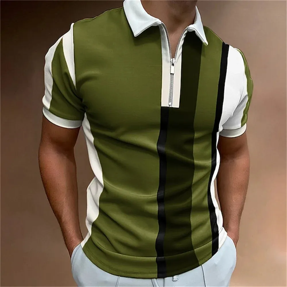Adam - Men's Summer Striped Polo Shirt with Zipper Collar
