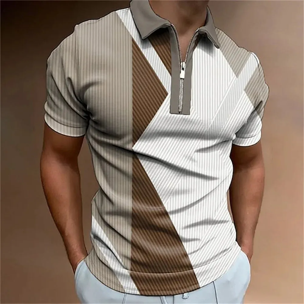Adam - Men's Summer Striped Polo Shirt with Zipper Collar
