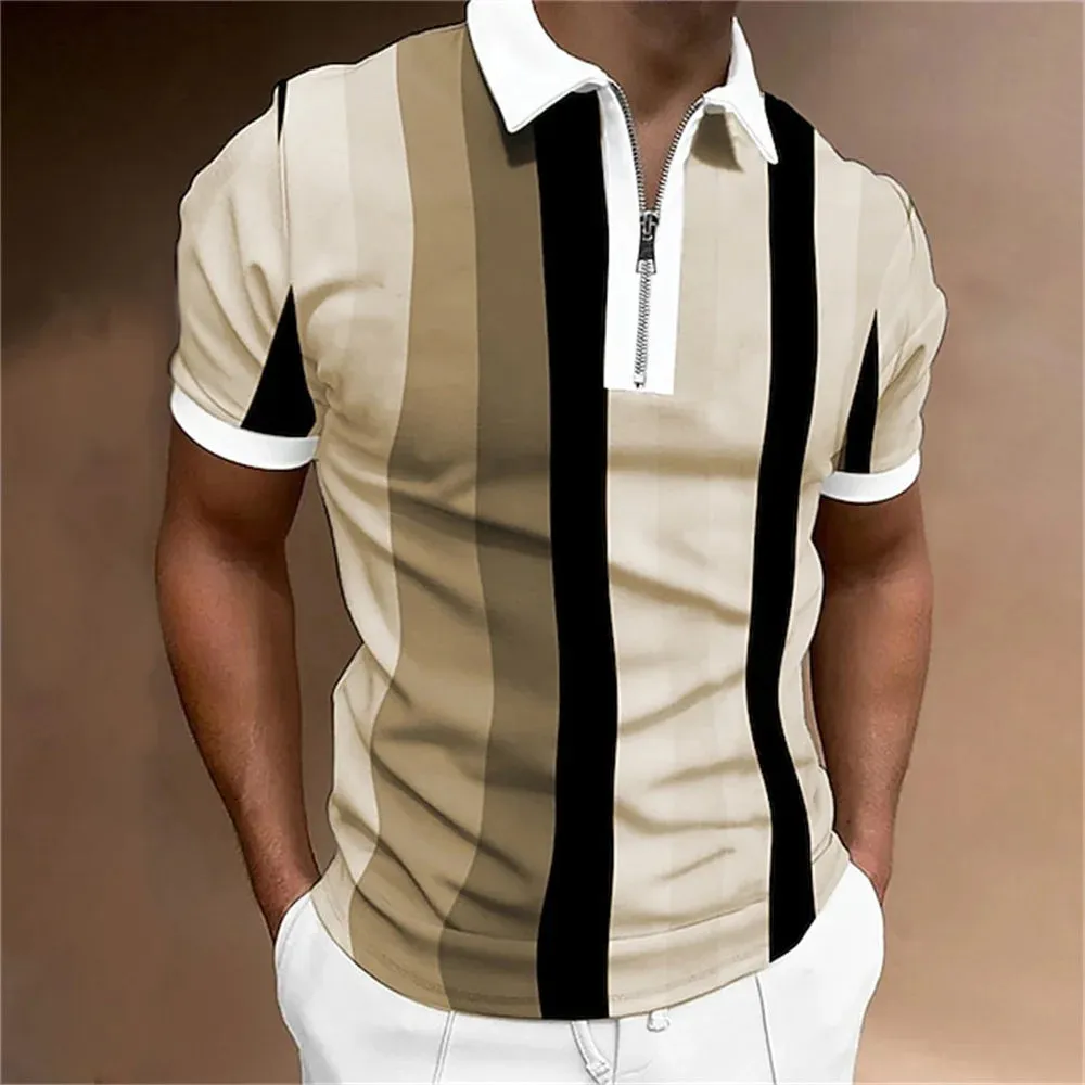 Adam - Men's Summer Striped Polo Shirt with Zipper Collar
