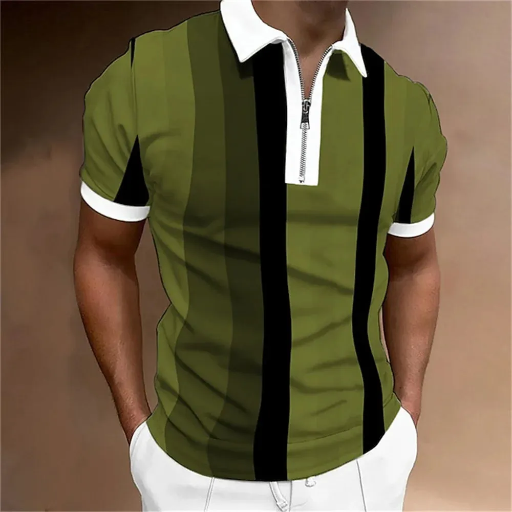 Adam - Men's Summer Striped Polo Shirt with Zipper Collar