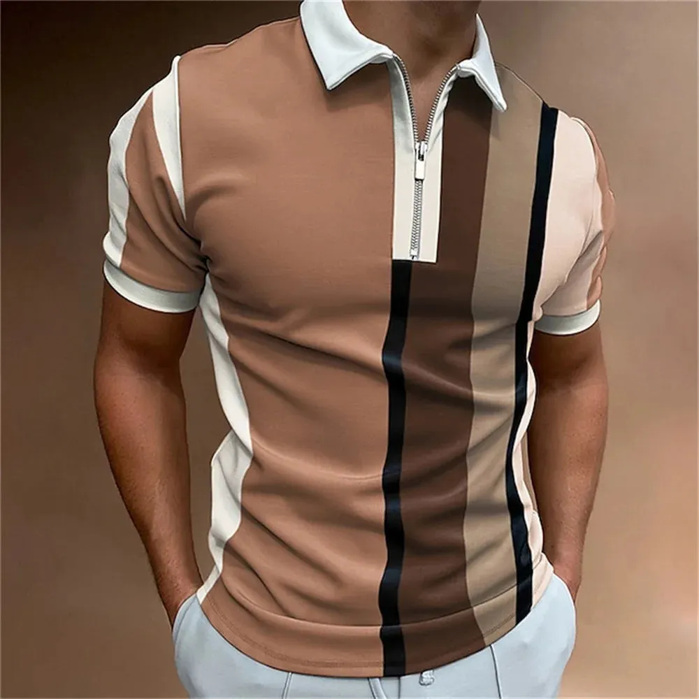 Adam - Men's Summer Striped Polo Shirt with Zipper Collar