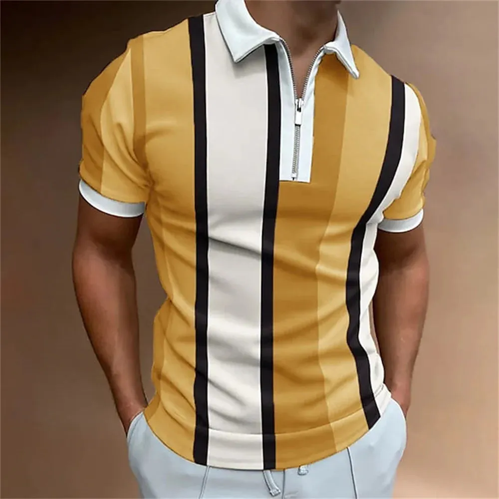 Adam - Men's Summer Striped Polo Shirt with Zipper Collar