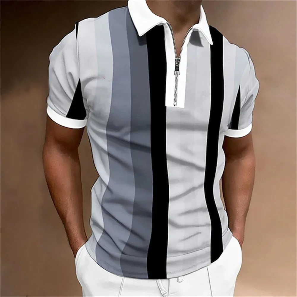 Adam - Men's Summer Striped Polo Shirt with Zipper Collar