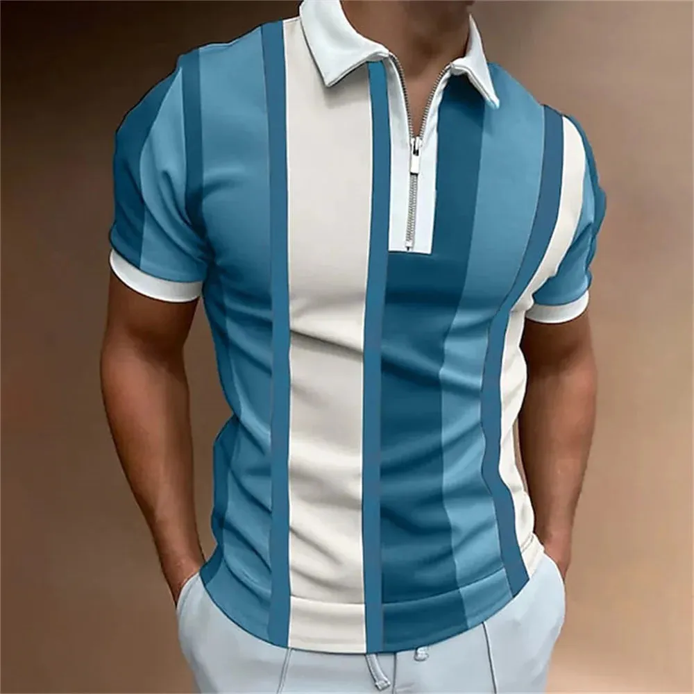 Adam - Men's Summer Striped Polo Shirt with Zipper Collar