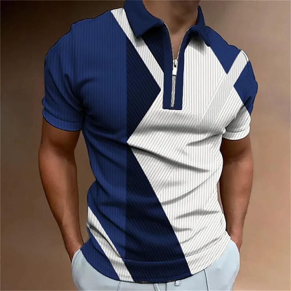 Adam - Men's Summer Striped Polo Shirt with Zipper Collar