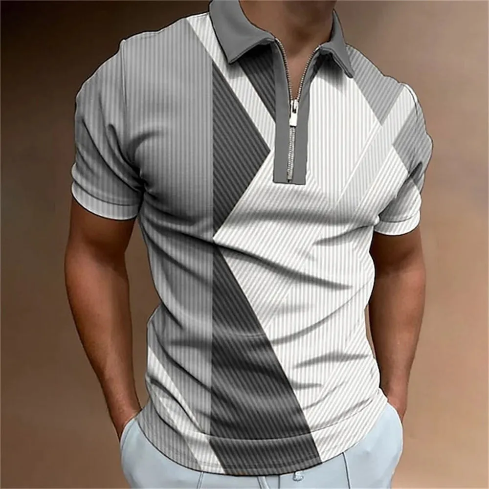 Adam - Men's Summer Striped Polo Shirt with Zipper Collar