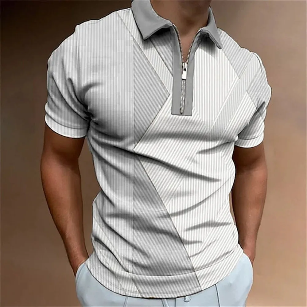 Adam - Men's Summer Striped Polo Shirt with Zipper Collar