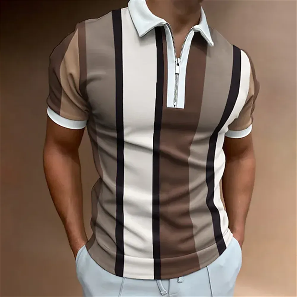 Adam - Men's Summer Striped Polo Shirt with Zipper Collar