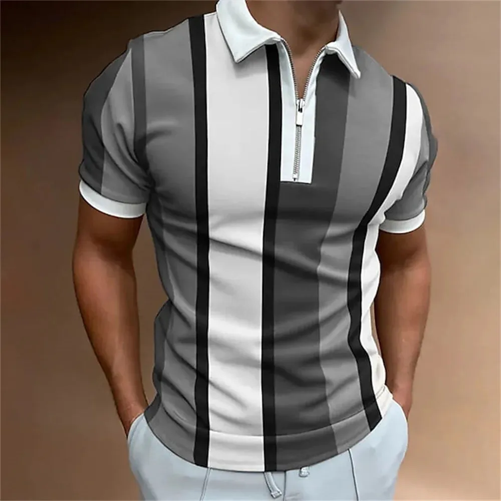 Adam - Men's Summer Striped Polo Shirt with Zipper Collar