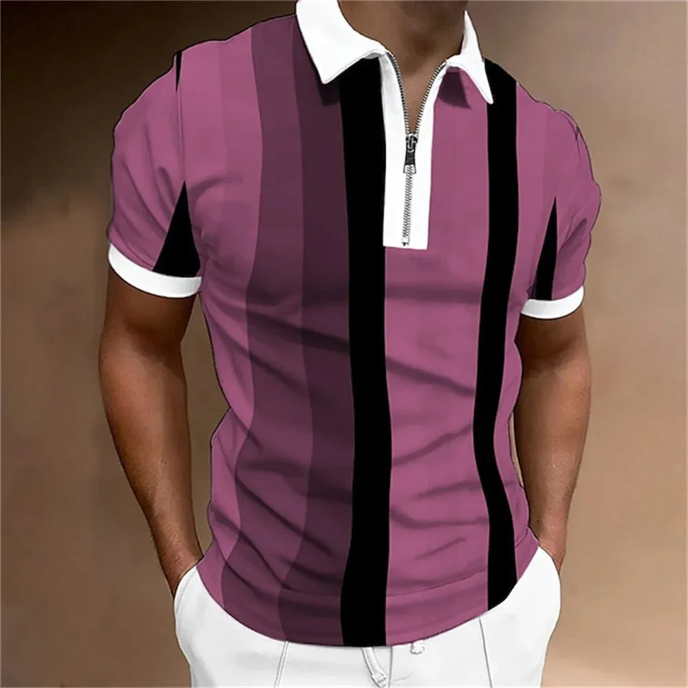 Adam - Men's Summer Striped Polo Shirt with Zipper Collar