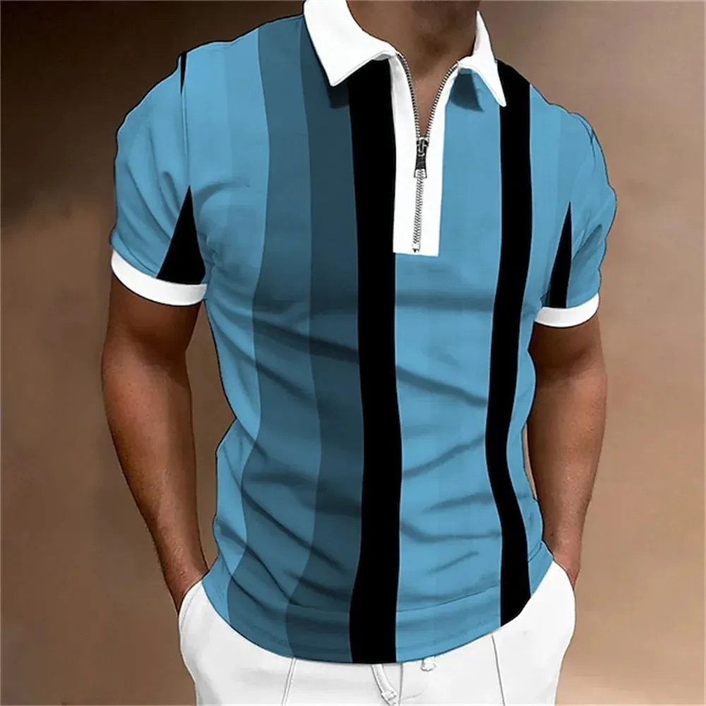 Adam - Men's Summer Striped Polo Shirt with Zipper Collar