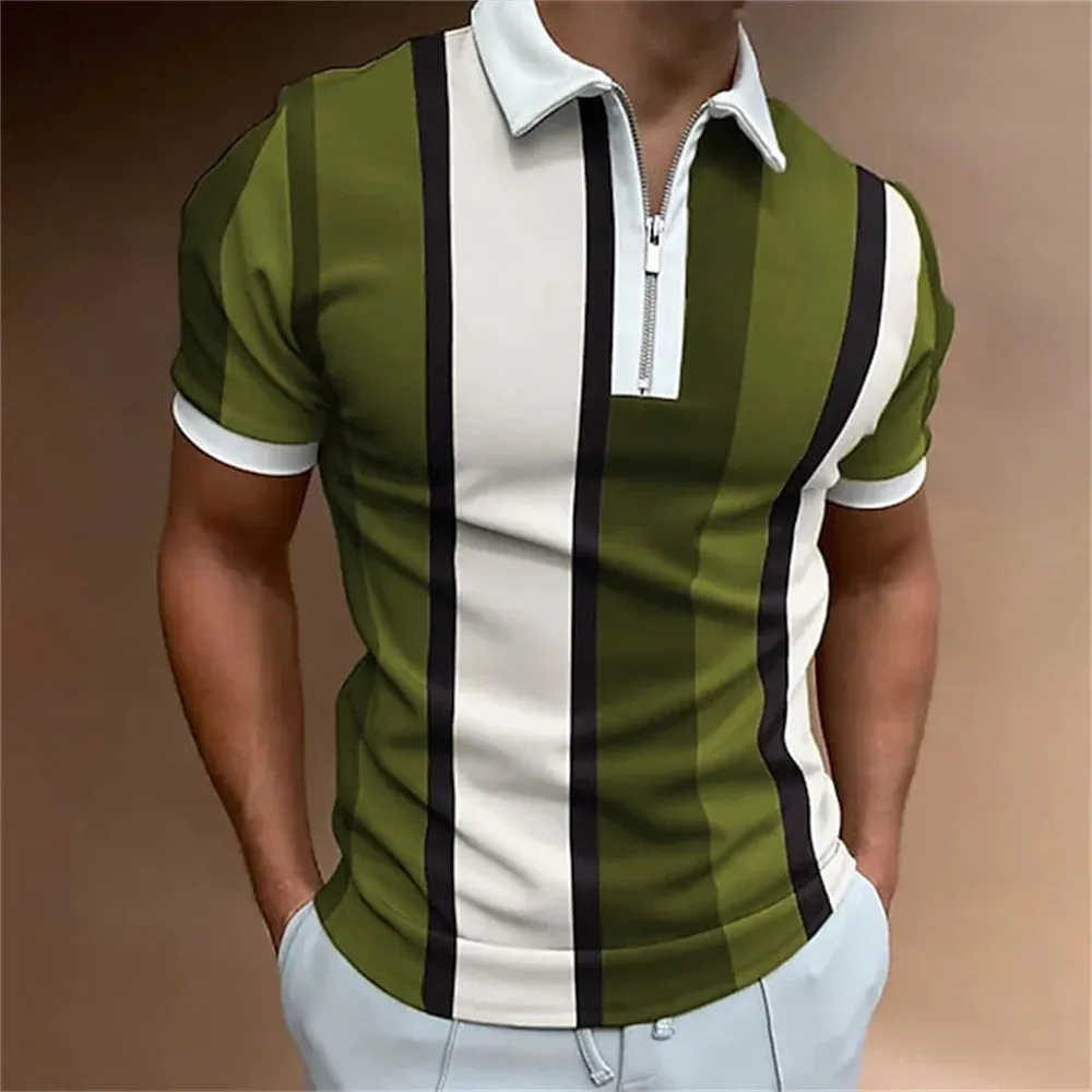 Adam - Men's Summer Striped Polo Shirt with Zipper Collar
