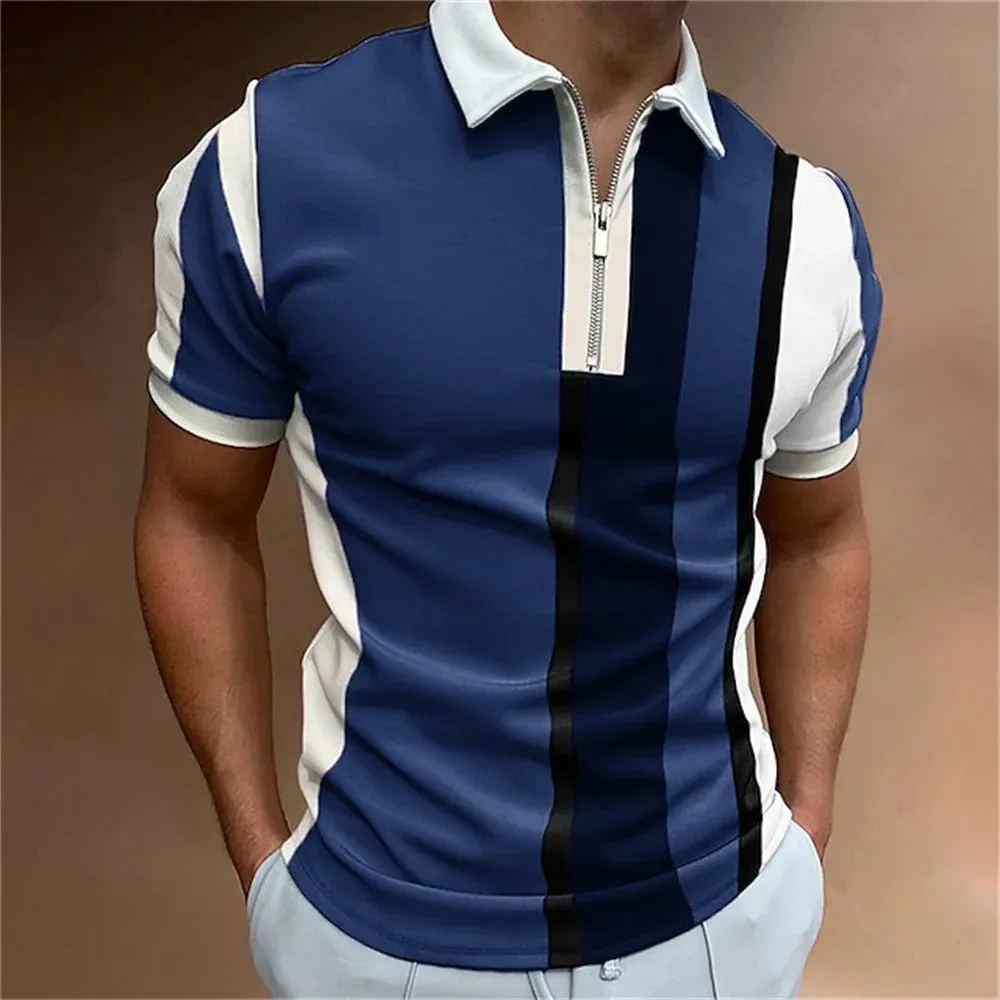 Adam - Men's Summer Striped Polo Shirt with Zipper Collar