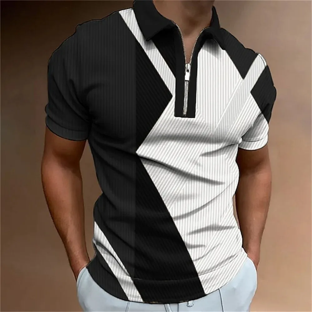 Adam - Men's Summer Striped Polo Shirt with Zipper Collar