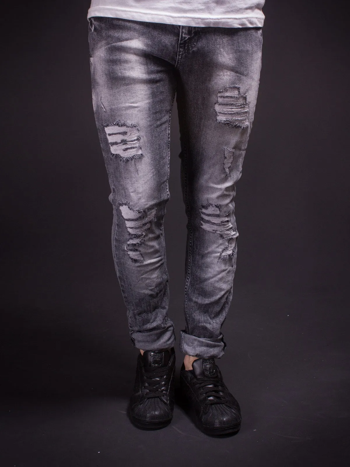 ADJ Men Slim Fit Mis Ripped Destroyed  Jeans - Gray