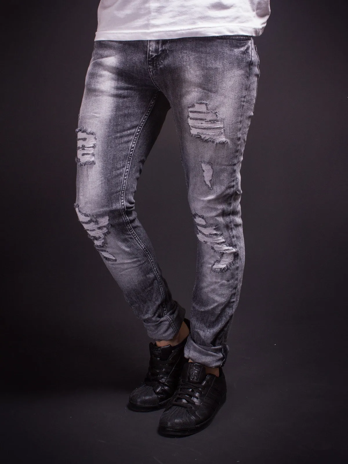 ADJ Men Slim Fit Mis Ripped Destroyed  Jeans - Gray