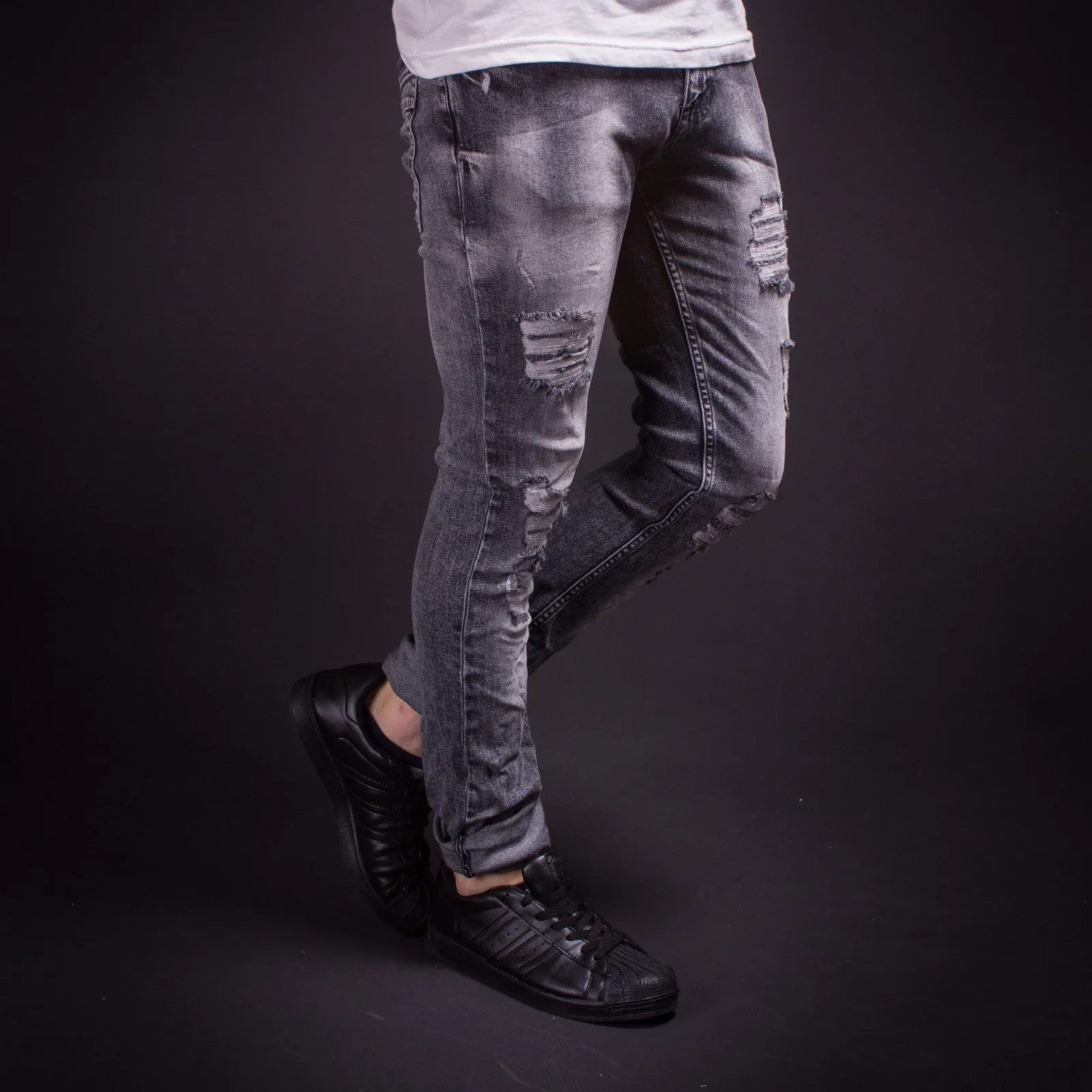 ADJ Men Slim Fit Mis Ripped Destroyed  Jeans - Gray