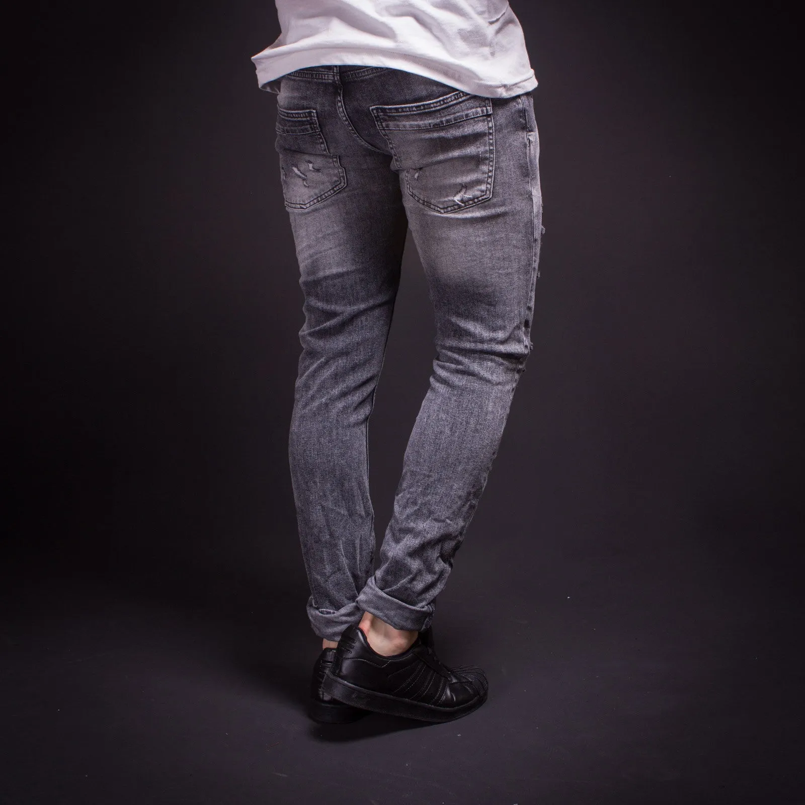 ADJ Men Slim Fit Mis Ripped Destroyed  Jeans - Gray