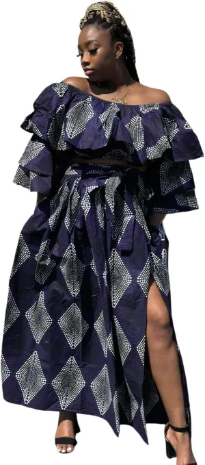 African Print Off-Shoulder Maxi Dress, Navy Blue with Diamond Pattern, Ruffle Sleeves, Side Slit