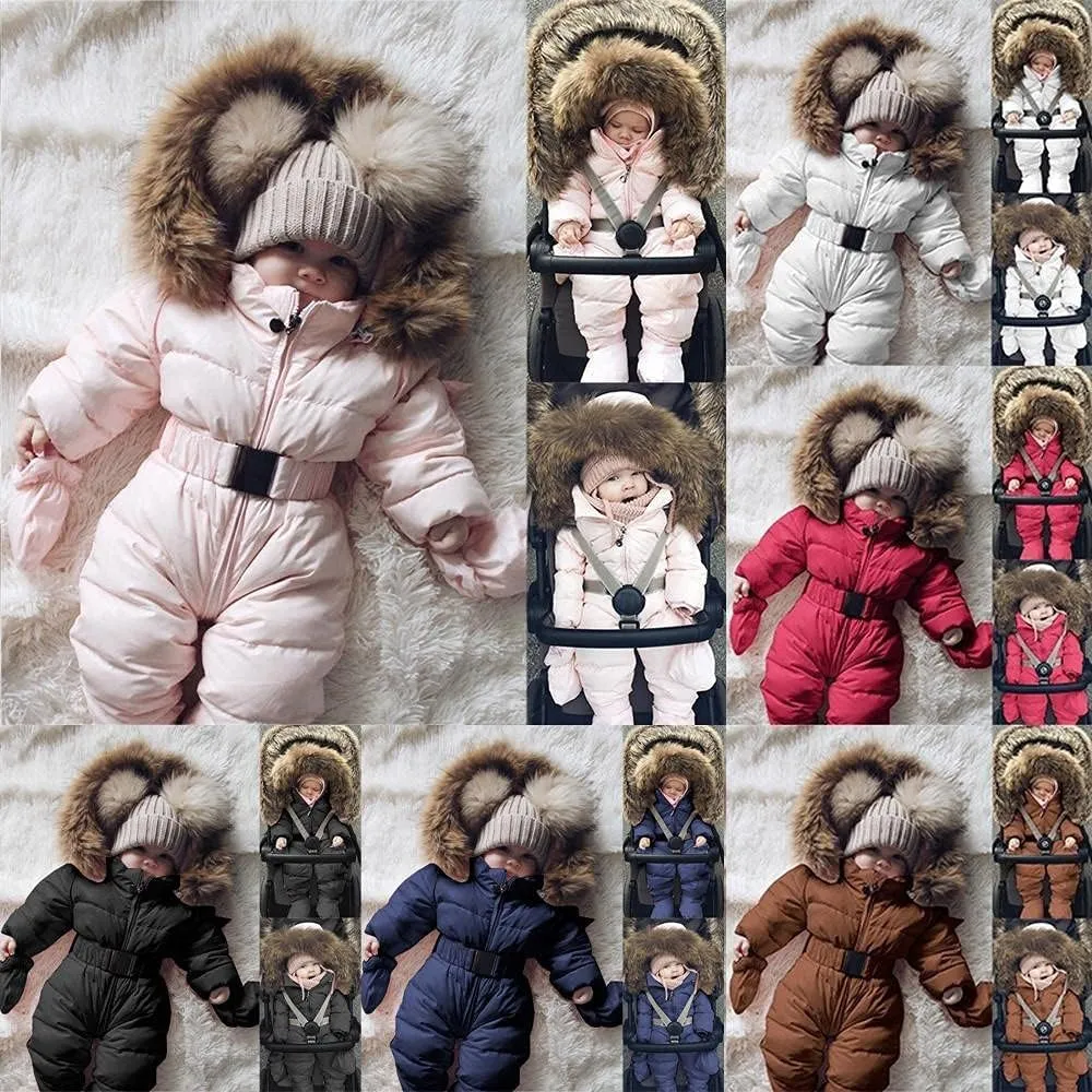 AKIWOS Newborn Infant Toddler Snowsuit 0-24 M Winter Onesie Puffer Down Jacket Padded Romper Fur Hooded Jumpsuit Warm Coat