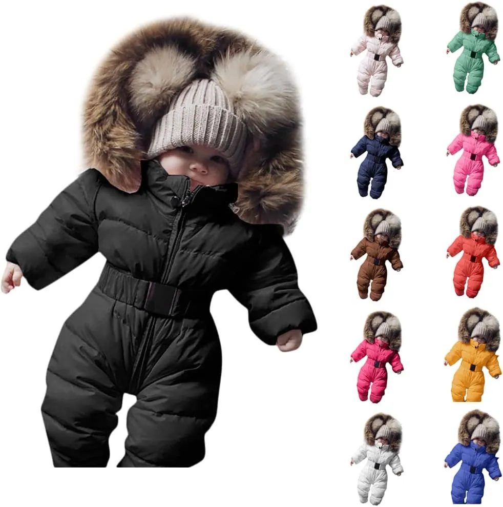 AKIWOS Newborn Infant Toddler Snowsuit 0-24 M Winter Onesie Puffer Down Jacket Padded Romper Fur Hooded Jumpsuit Warm Coat