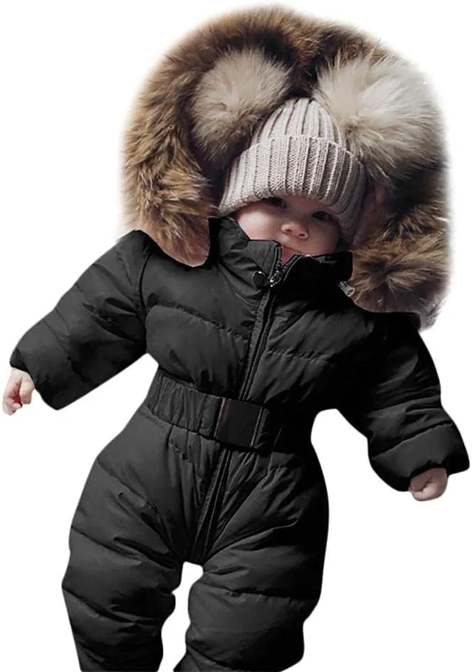 AKIWOS Newborn Infant Toddler Snowsuit 0-24 M Winter Onesie Puffer Down Jacket Padded Romper Fur Hooded Jumpsuit Warm Coat