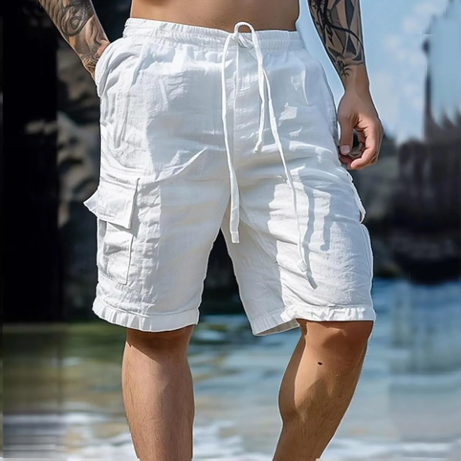 Alalaso Mens Cotton Linen Shorts Casual Drawstring 5.5Inch Stretch Workout Shorts Casual Suitable for Yoga Golf Shorts