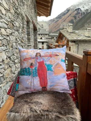 Alpine Cushion Cover/ Vintage Ski Cushion/ Throw Pillow Cover/ Ski Pillows/ Chalet Decor/ Mountain Decor/ Girl in Skis in Canazei Dolomites